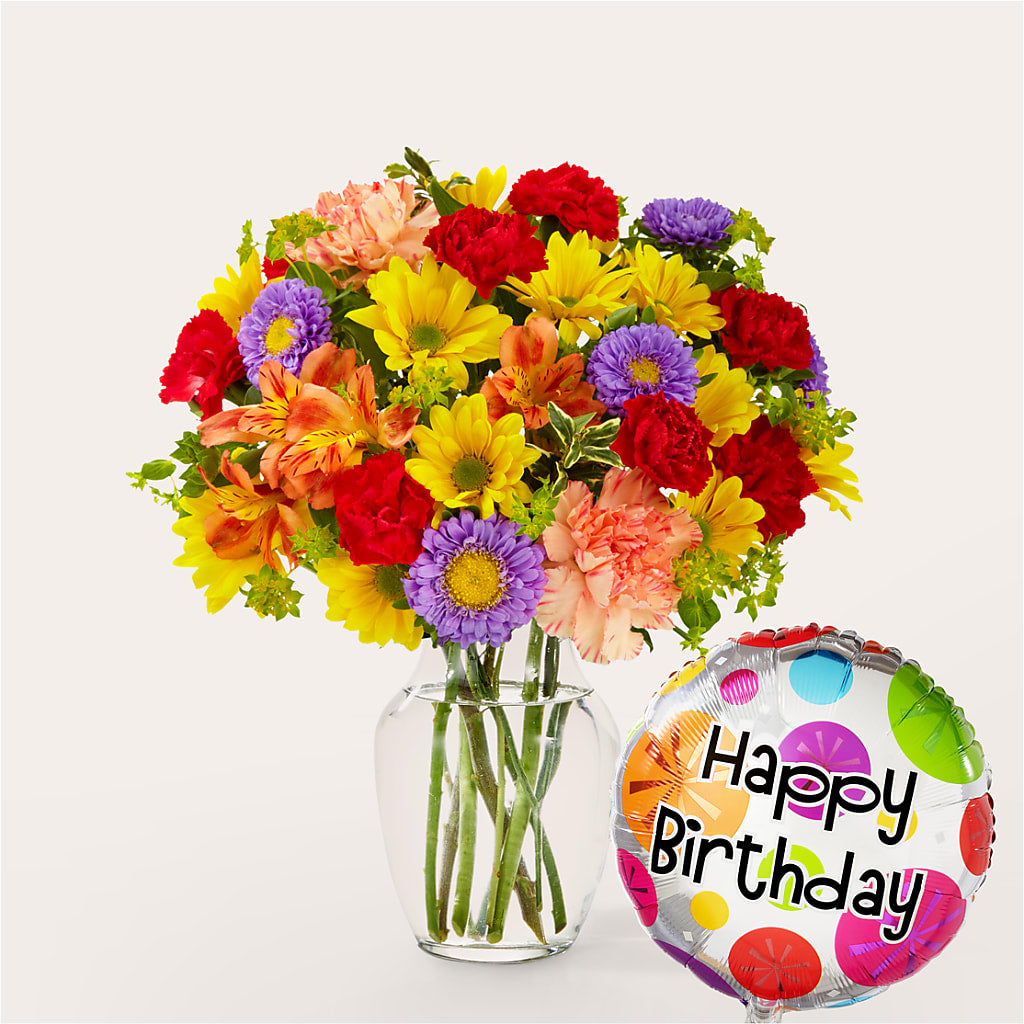 Kaleidoscope Bouquet with Birthday Balloon – LETITTE'S FLOWERS & GIFTS, Beaumont TX