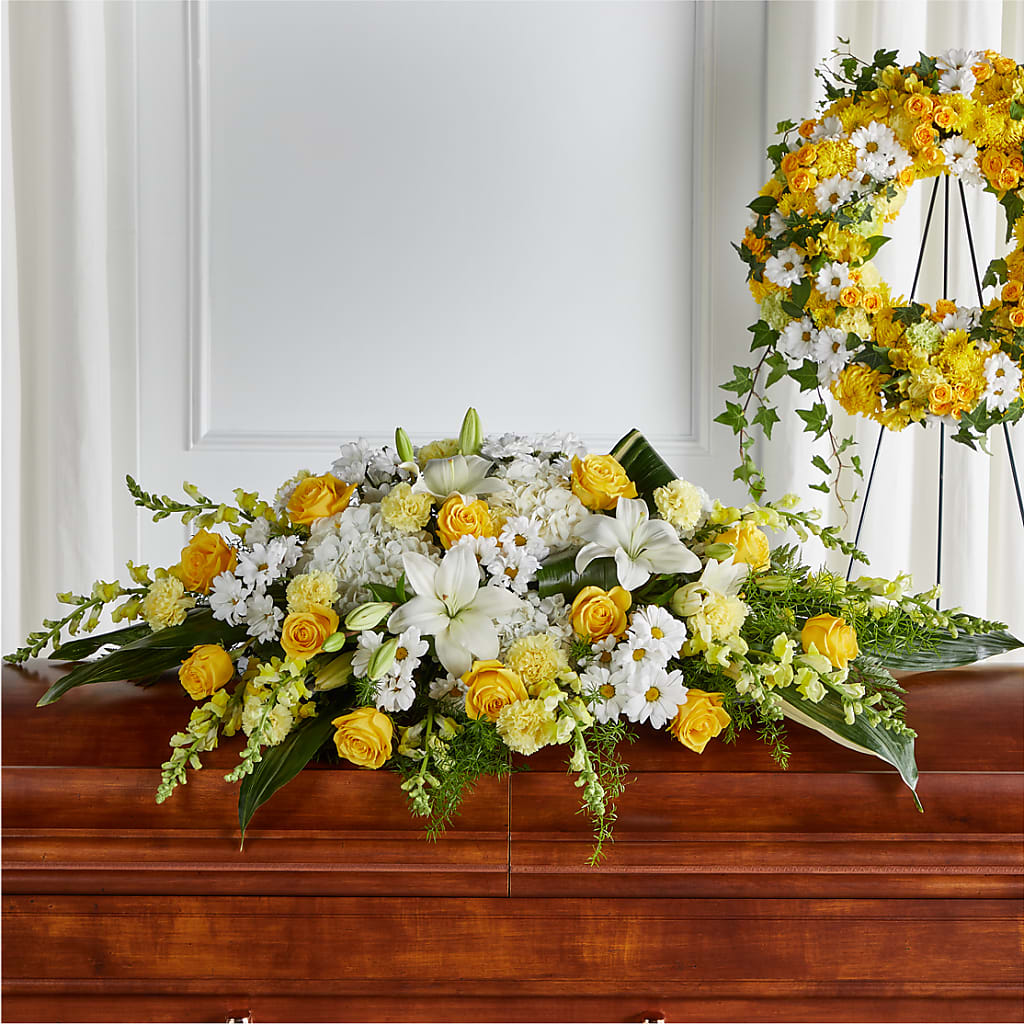 Golden Harmony Casket Spray – LETITTE'S FLOWERS & GIFTS, Beaumont TX