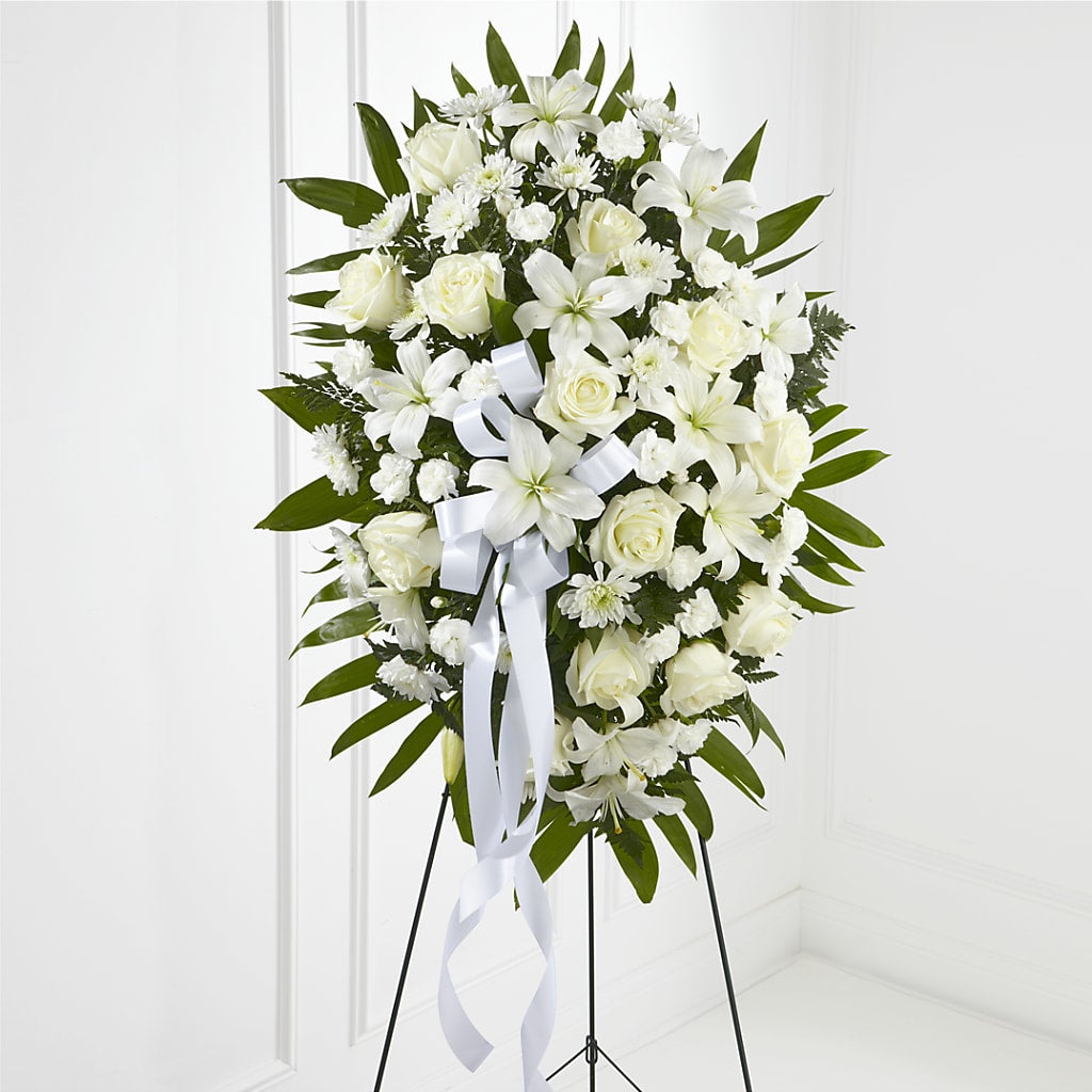 Exquisite Tribute Standing Spray-White Ribbon – LETITTE'S FLOWERS & GIFTS, Beaumont TX