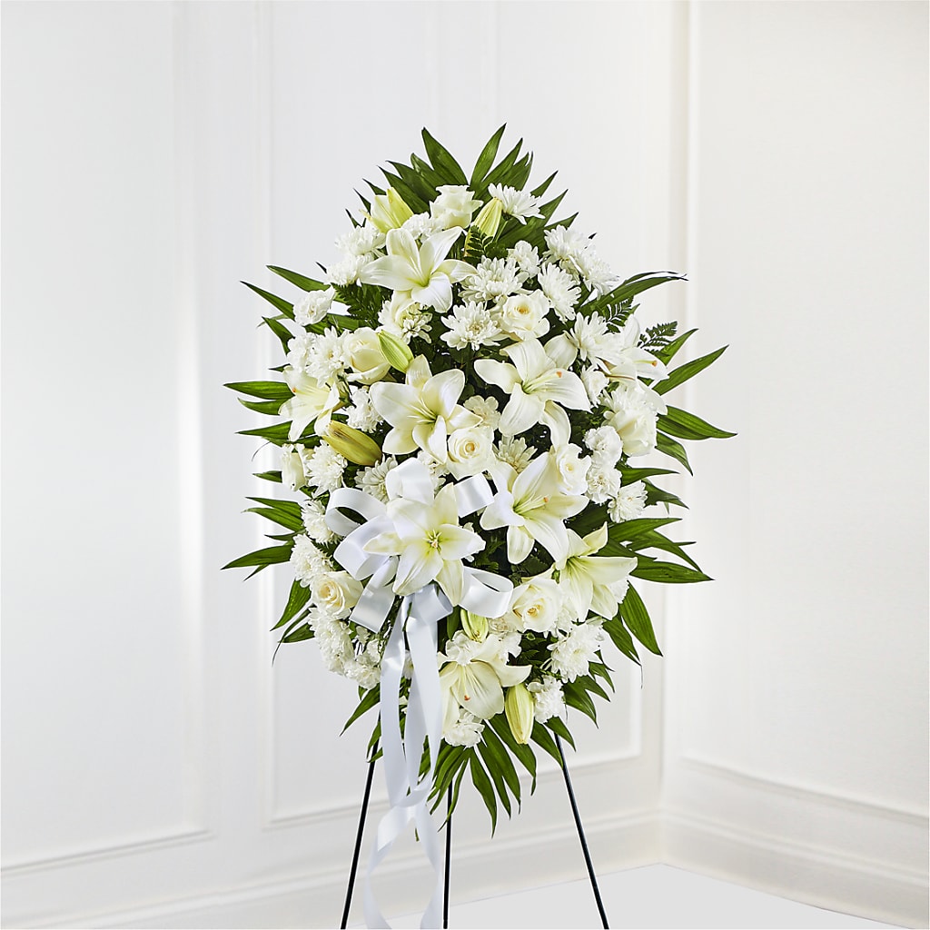 Exquisite Tribute Standing Spray-White Ribbon – LETITTE'S FLOWERS & GIFTS, Beaumont TX
