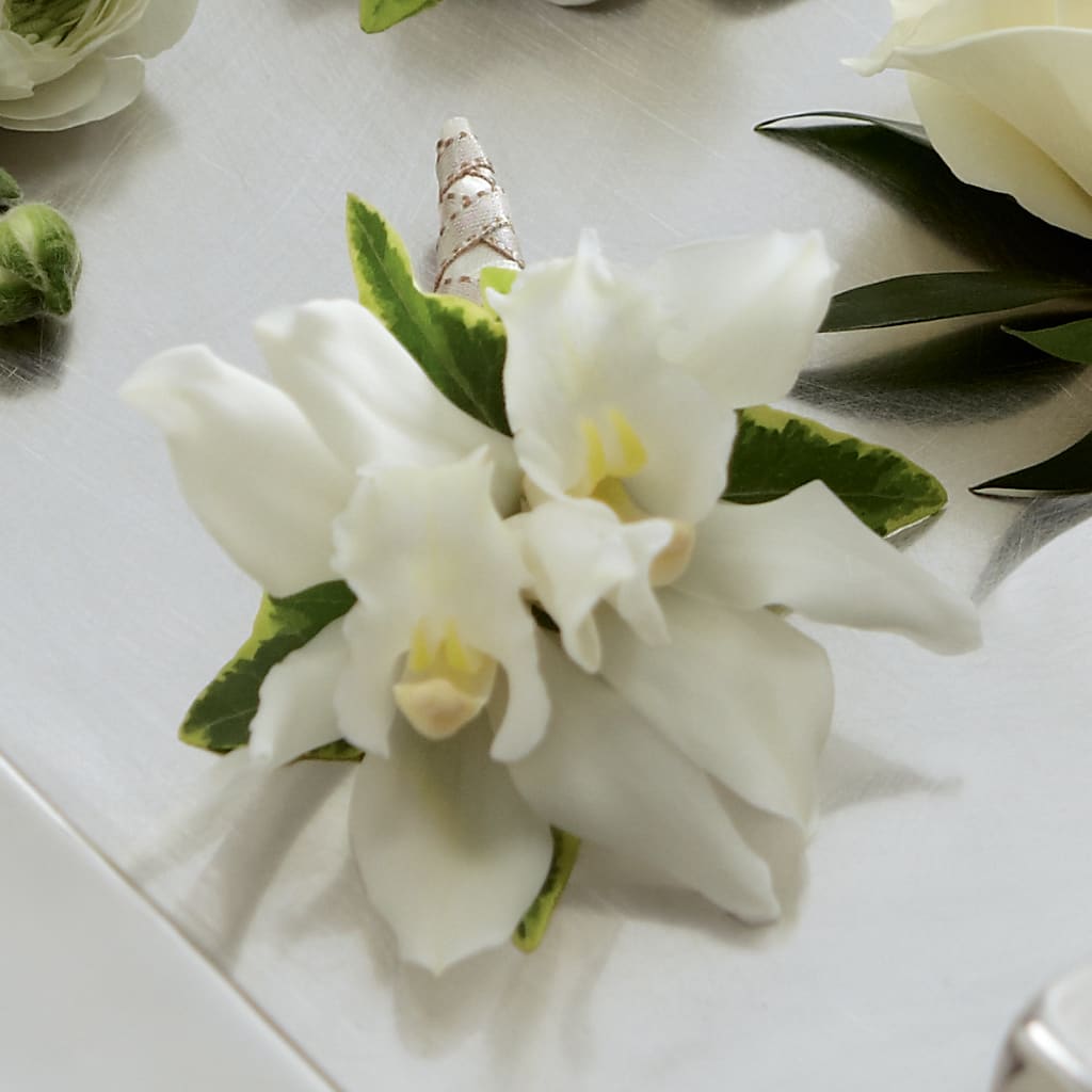 White Mini Cymbidium Boutonniere – LETITTE'S FLOWERS & GIFTS, Beaumont TX